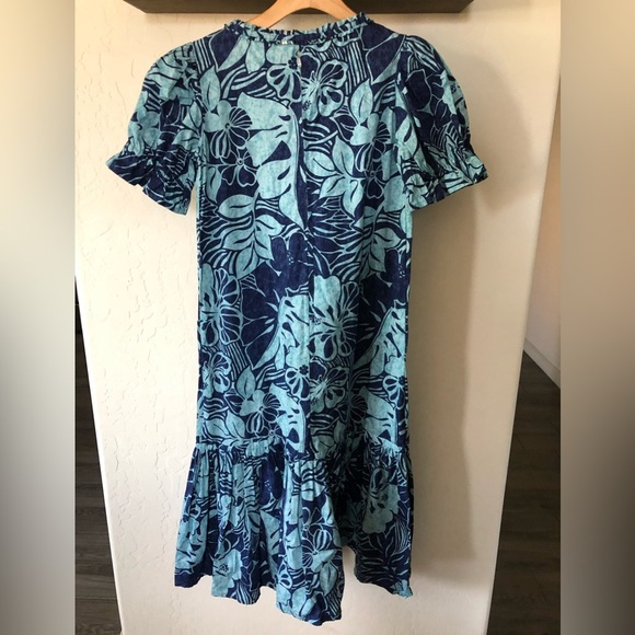 Hand made cotton Maxi-Midi floral tropical dress in torqoise blue•Fits like Med - Picture 4 of 12